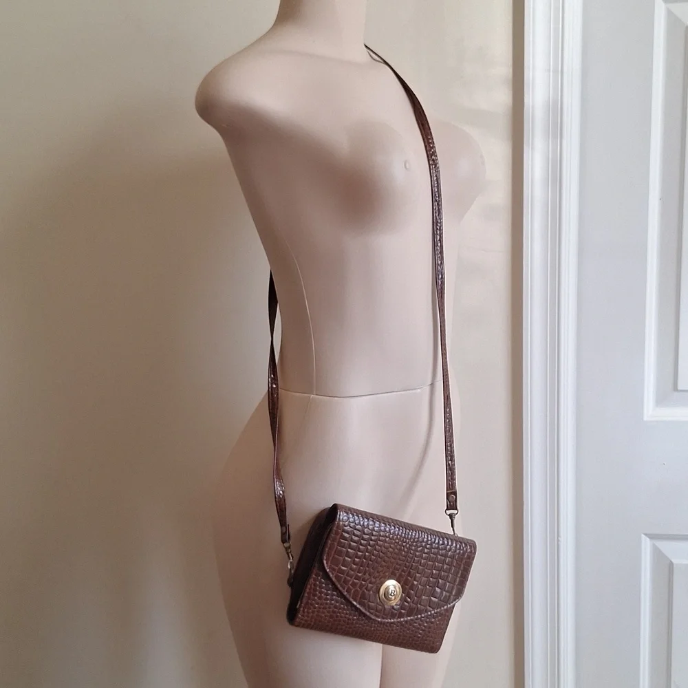 Vintage Brown Croc Embossed Organizer Crossbody Bag Purse